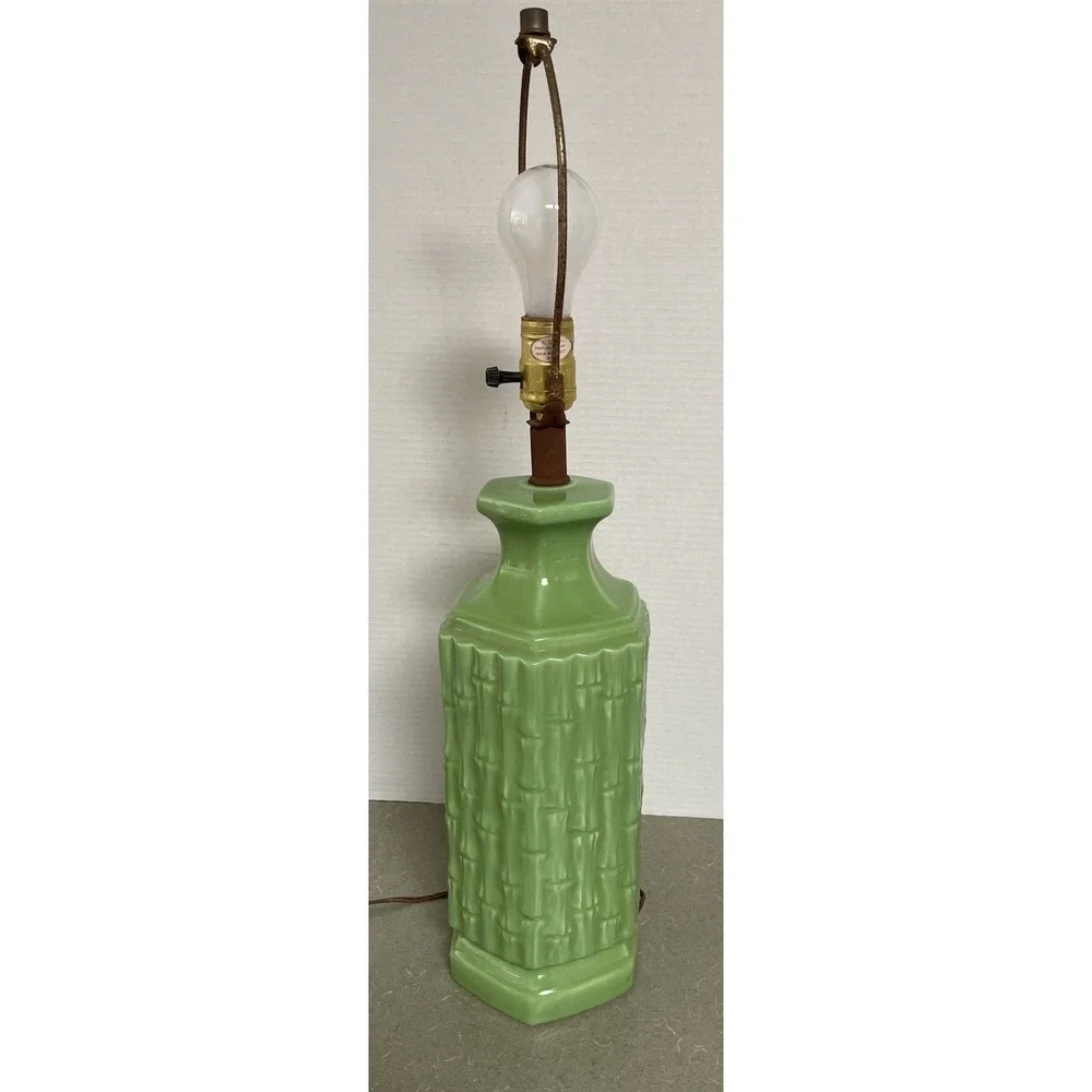 Vtg Green Faux Bamboo Ceramic Lamp‎ 60s MCM Hollywood Regency No Shade
